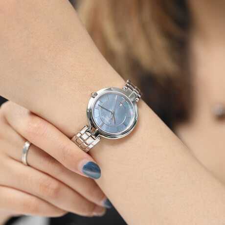 Tissot T Lady Flamingo Mother of Pearl Blue Dial Silver Steel Strap Watch For Women - T094.210.11.121.00