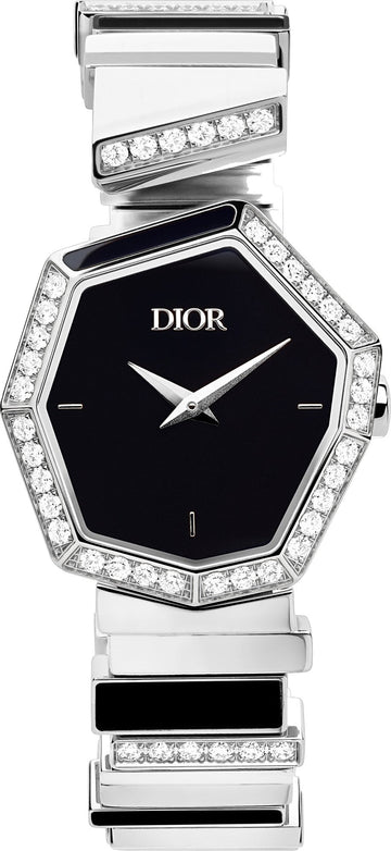 Dior Gem Dior Mother of Pearl Diamonds Black Dial Silver Steel Strap Watch for Women - CD18111X1058