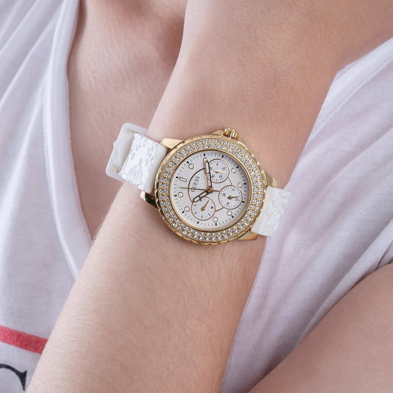 Guess Crown Jewel Multifunction Diamonds White Dial White Leather Strap Watch for Women - GW0411L1