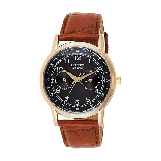 Citizen Eco-Drive Multi Function Day & Date Black Dial Brown Leather Strap Watch For Men - AO9003-08E