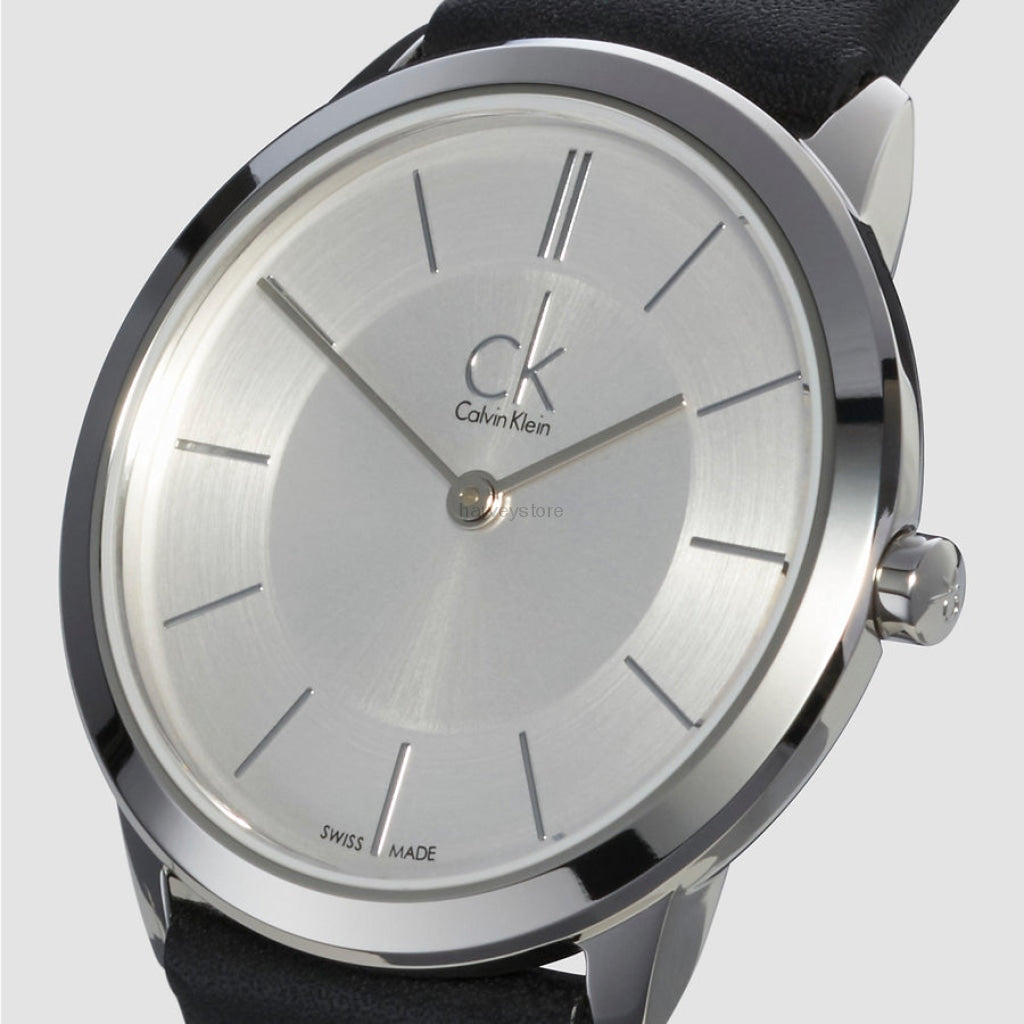 Calvin Klein Minimalist Silver Dial Black Leather Strap Watch for Men - K3M211C6