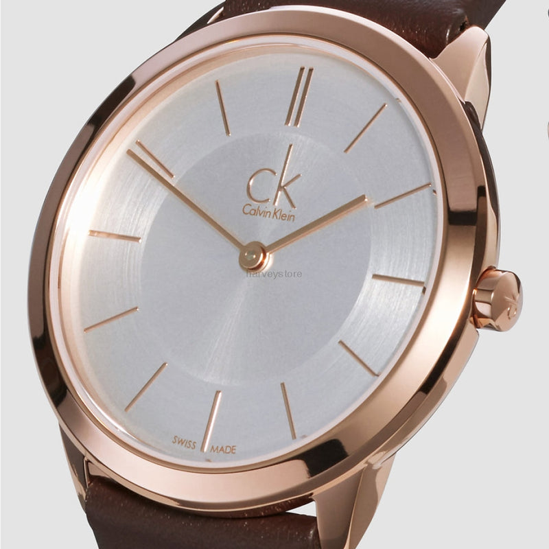 Calvin Klein Minimal White Dial Brown Leather Strap Watch for Men - K3M216G6