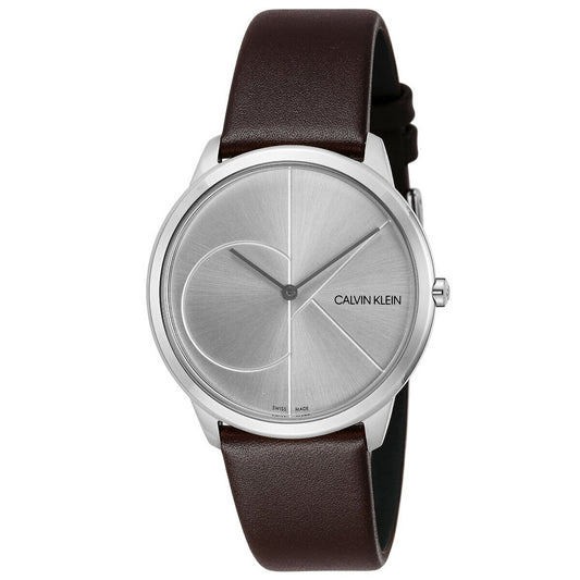 Calvin Klein Minimal Silver Dial Brown Leather Strap Watch for Men - K3M211G6