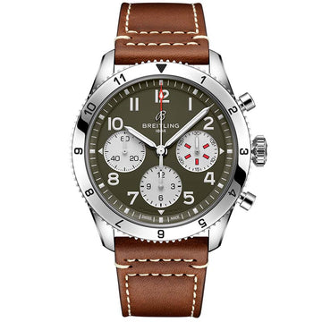 Breitling Avi Chronograph 42 Curtiss Warhawk Green Dial Brown Leather Strap Watch for Men - A233802A1L1X1