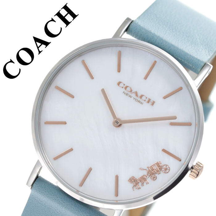 Coach Perry White Mother of Pearl Dial Turquoise Leather Strap Watch for Women - 14503271