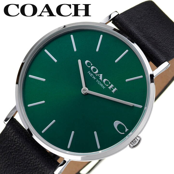 Coach Charles Green Dial Black Leather Strap Watch for Men - 14602436