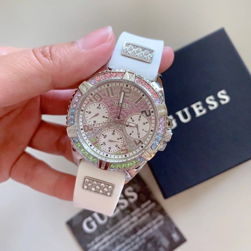 Guess Frontier Diamonds Silver Dial White Rubber Strap Watch for Women - GW0045L1