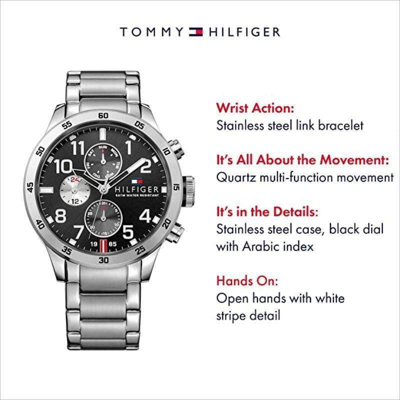 Tommy Hilfiger Cool Sport Multifunction Black Dial Silver Steel Strap Watch for Men - 1791141