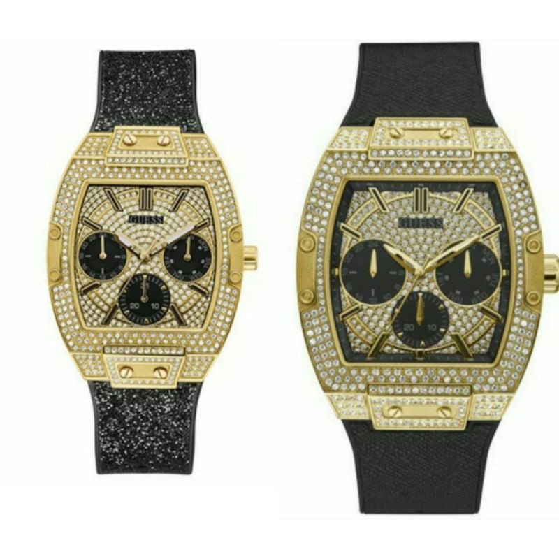 Guess Raven Diamonds Champagne Dial Black Rubber Strap Watch For Women - GW0105L2