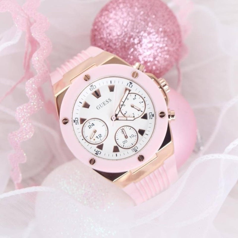 Guess Athena White Dial Pink Rubber Strap Watch For Women - GW0030L4