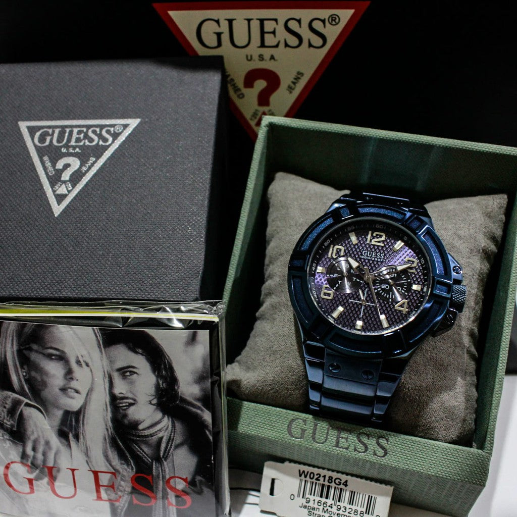 Guess Rigor Multifunction Black Dial Blue Steel Strap Watch for Men - W0218G4