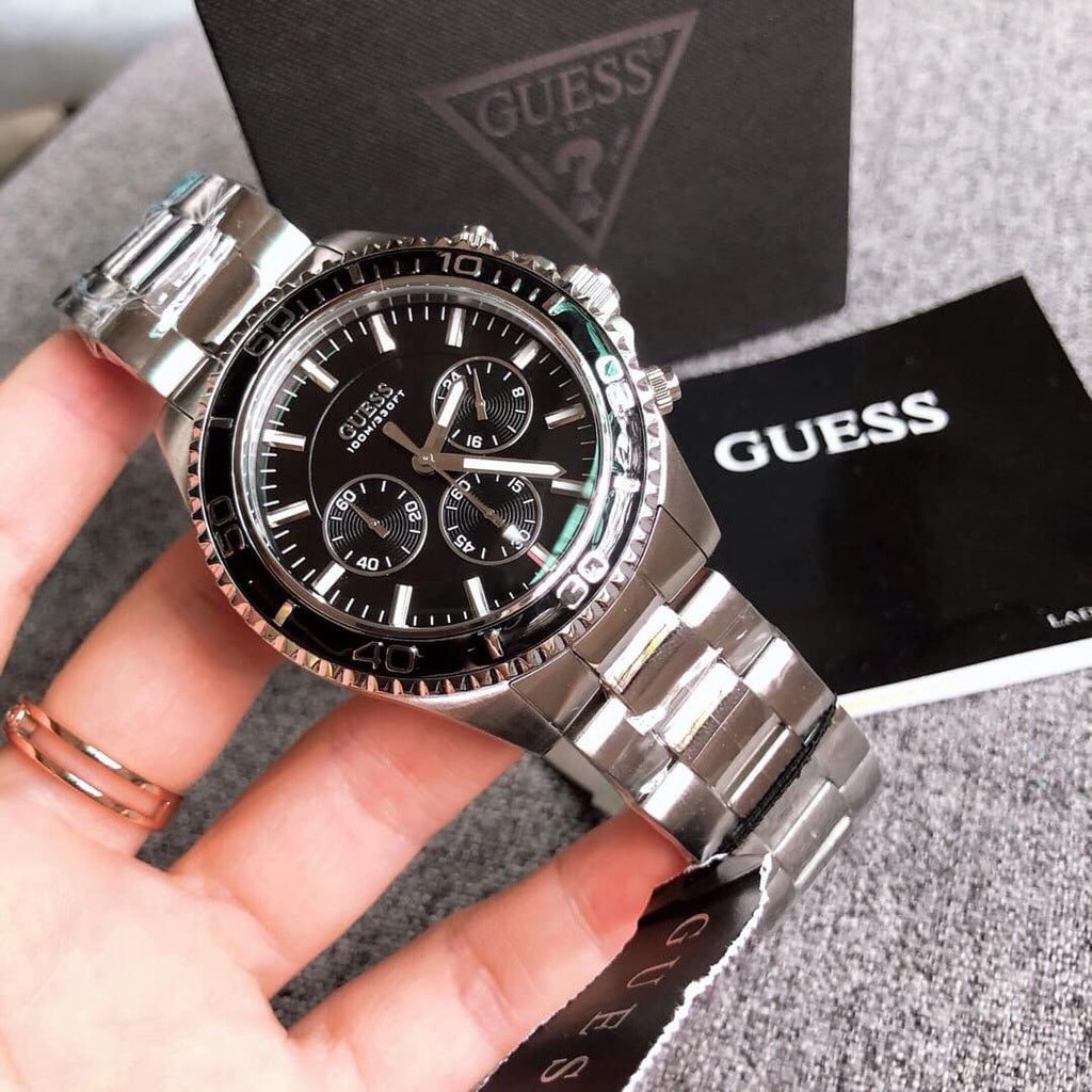 Guess Chaser Chronograph Black Dial Silver Steel Strap Watch for Men - W0170G1