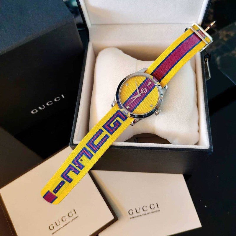 Gucci G Timeless Quartz Yellow & Purple Dial Yellow & Purple NATO Strap Watch For Men - YA1264069