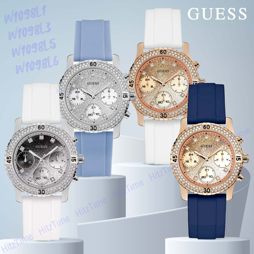 Guess Confetti Diamonds Gold Dial Blue Rubber Strap Watch For Women - W1098L6