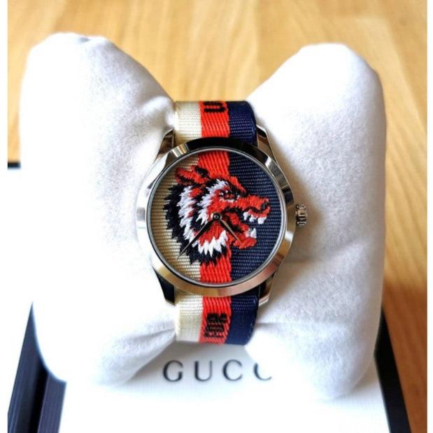 Gucci G Timeless Quartz White Red Blue Dial Multicolored NATO Strap Watch For Men - YA1264059