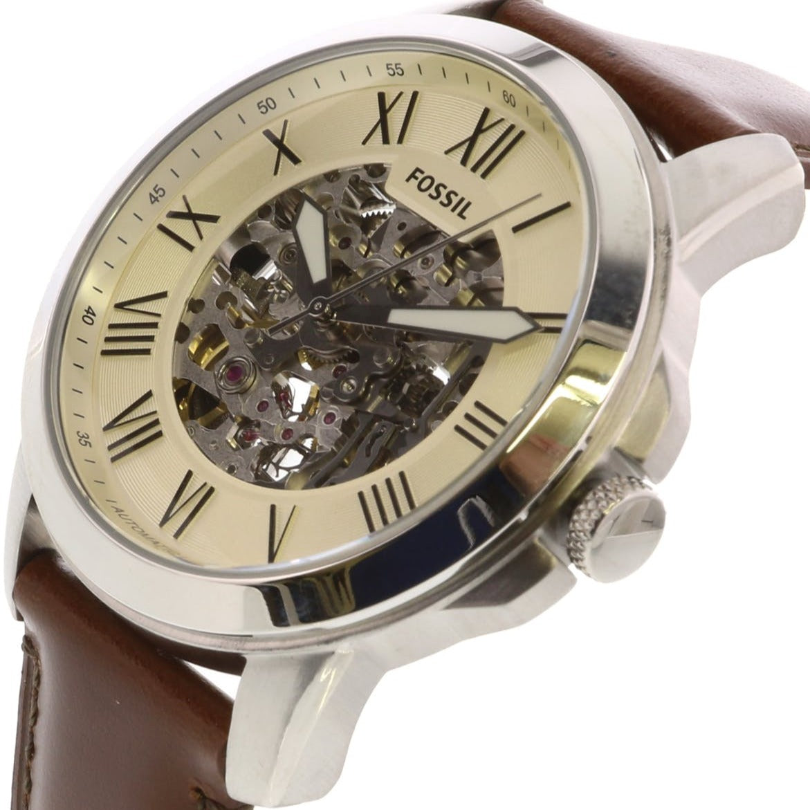 Fossil Grant Automatic Skeleton Beige Dial Brown Leather Strap Watch for Men - ME3099