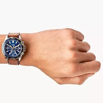 Fossil Garrett Chronograph Blue Dial Brown Leather Strap Watch for Men - FS5625