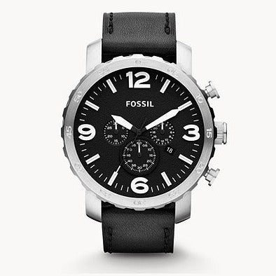 Fossil Nate Chronograph Black Dial Black Leather Strap Watch for Men - JR1436