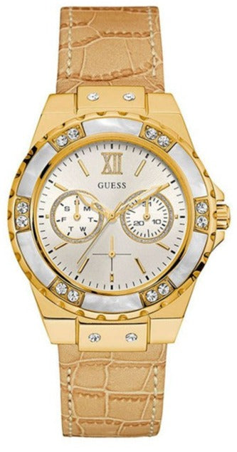 Guess Limelight Quartz Silver Dial Golden Leather Strap Watch For Women - W0775L2