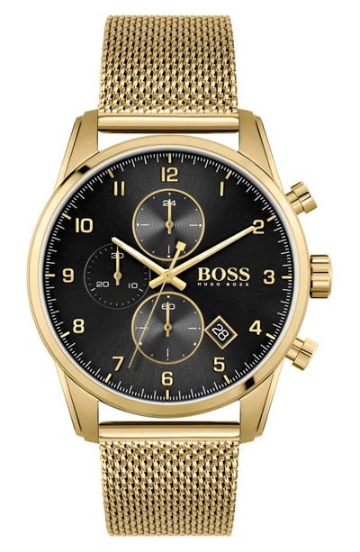 Hugo Boss Skymaster Chronograph Black Dial Gold Mesh Bracelet Watch for Men - 1513838