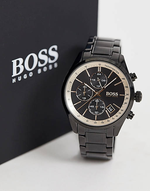 Hugo Boss Grand Prix Black Dial Black Steel Strap Watch for Men - 1513578