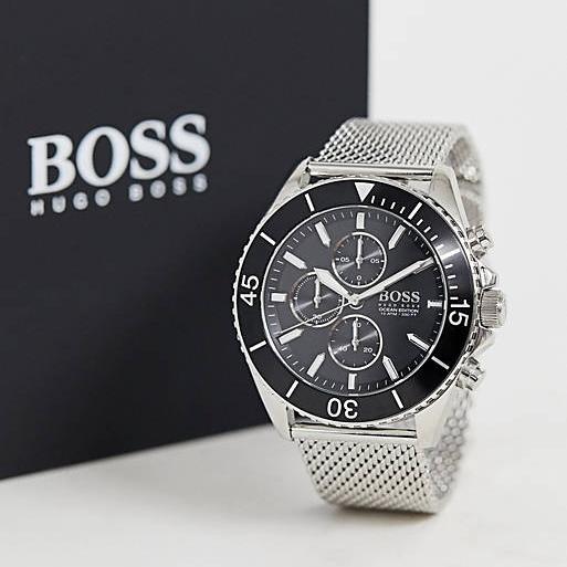 Hugo Boss Ocean Edition Chronograph Black Dial Silver Mesh Bracelet Watch for Men - 1513701