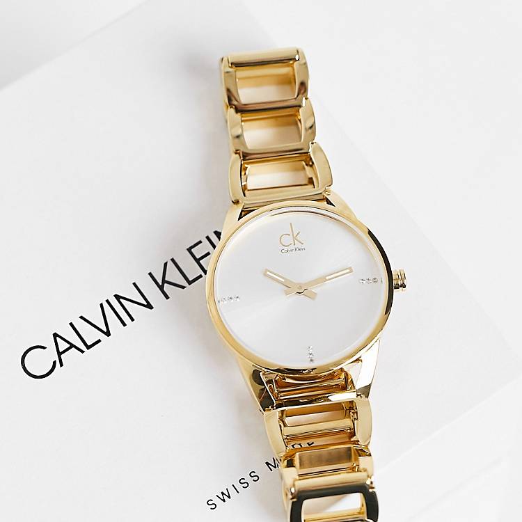 Calvin Klein Stately Silver Dial Gold Steel Strap Watch for Women - K3G23526