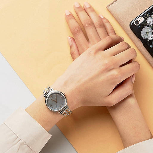 Michael Kors Cinthia Mother of Pearl Grey Dial Two Tone Steel Strap Watch for Women - MK3642