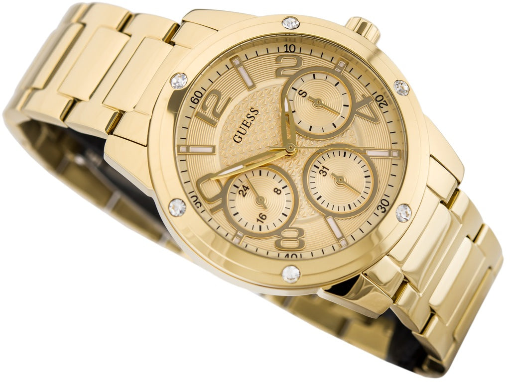 Guess Crystal Multifunction Gold Dial Gold Steel Strap Watch for Women - W0778L2