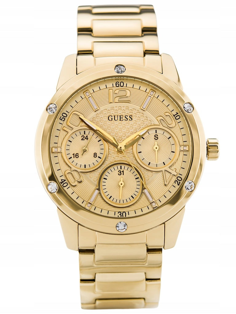 Guess Crystal Multifunction Gold Dial Gold Steel Strap Watch for Women - W0778L2