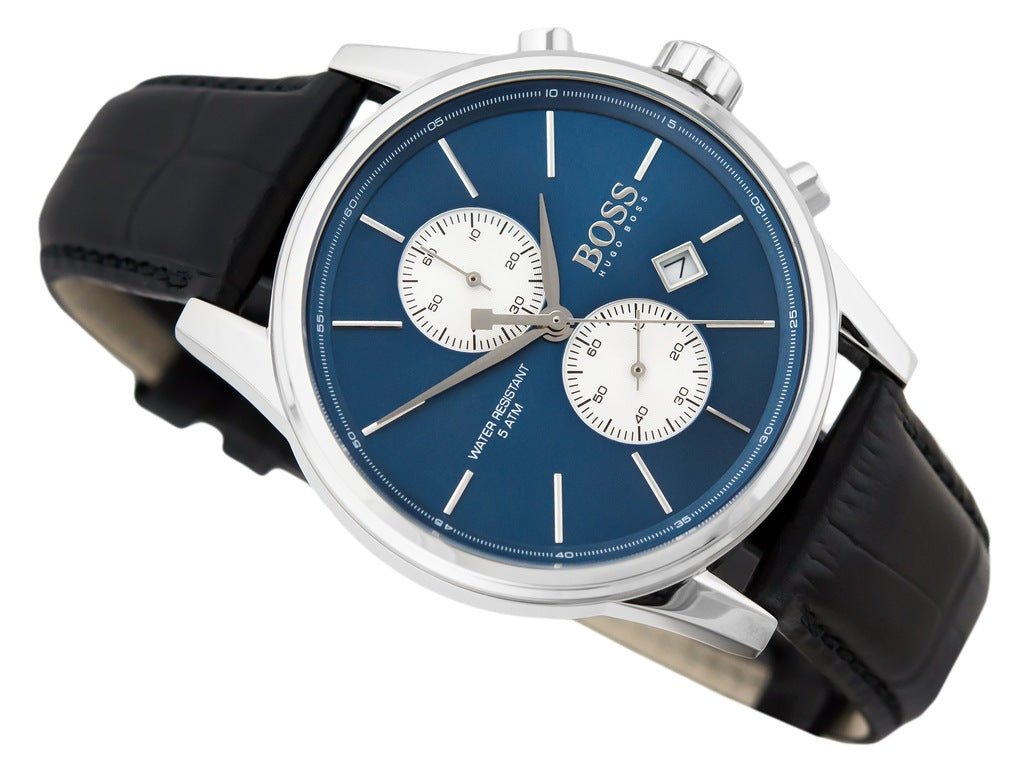 Hugo Boss Jet Chronograph Blue Dial Black Leather Strap Watch for Men - 1513283