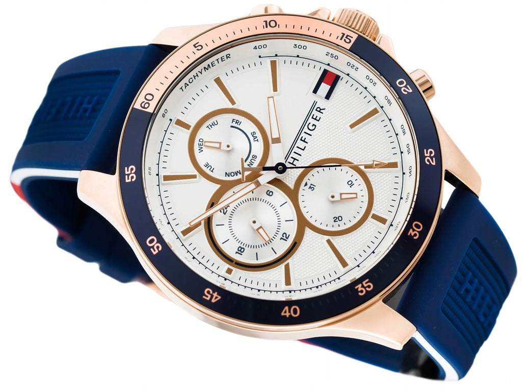 Tommy Hilfiger Bank Multifunction Quartz White Dial Blue Rubber Strap Watch for Men - 1791778