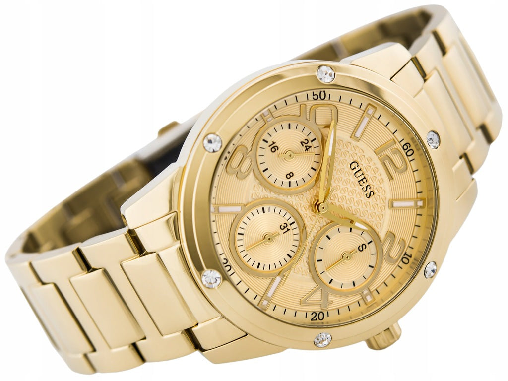 Guess Crystal Multifunction Gold Dial Gold Steel Strap Watch for Women - W0778L2