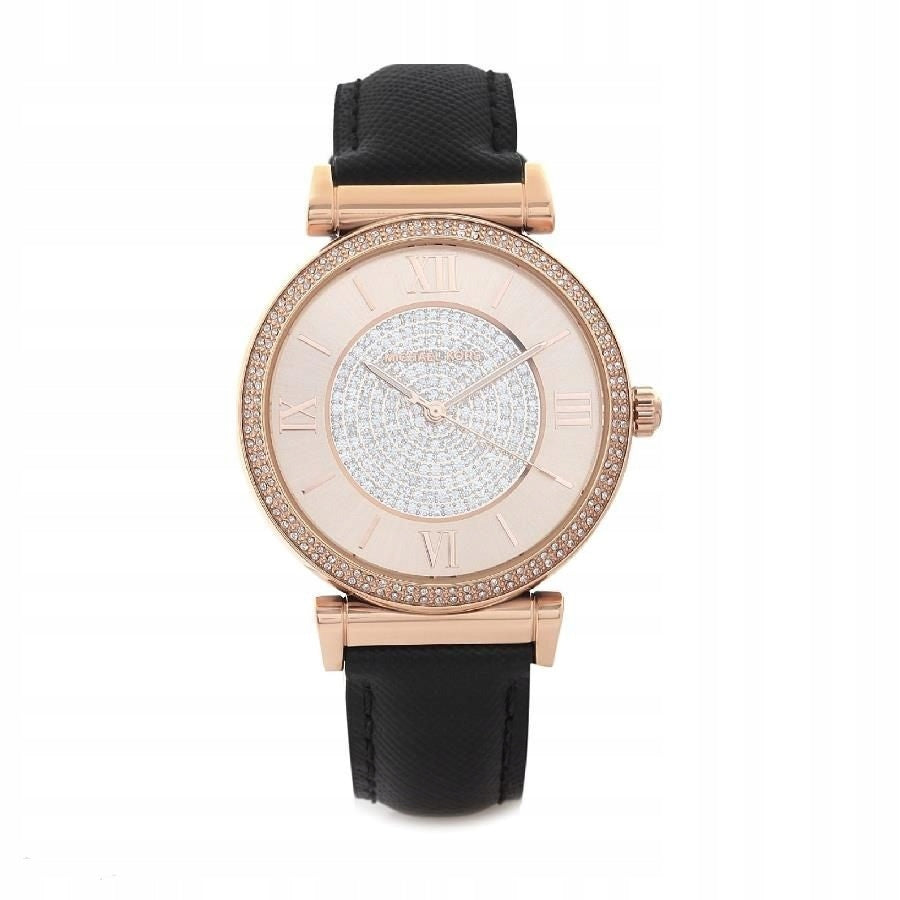 Michael Kors Catlin Rose Gold Crystal Dial Black Leather Strap Watch for Women - MK2376