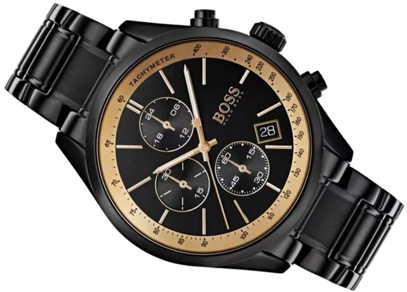 Hugo Boss Grand Prix Chronograph Black Dial Black Steel Strap Watch for Men - 1513578