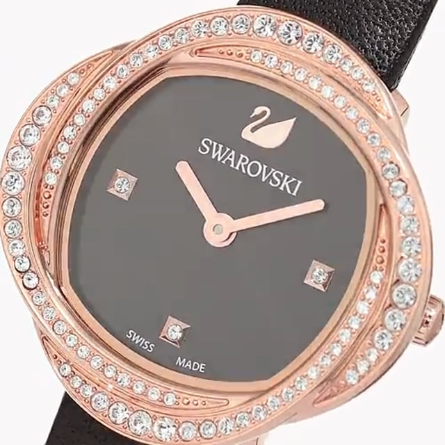 Swarovski Crystal Flower Black Dial Black Leather Strap Watch for Women - 5552421