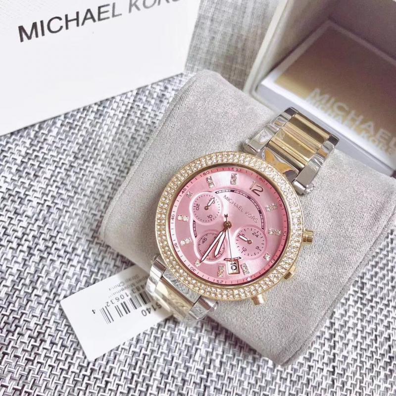 Michael Kors Parker Pink Dial Two Tone Steel Strap Watch for Women - MK6140