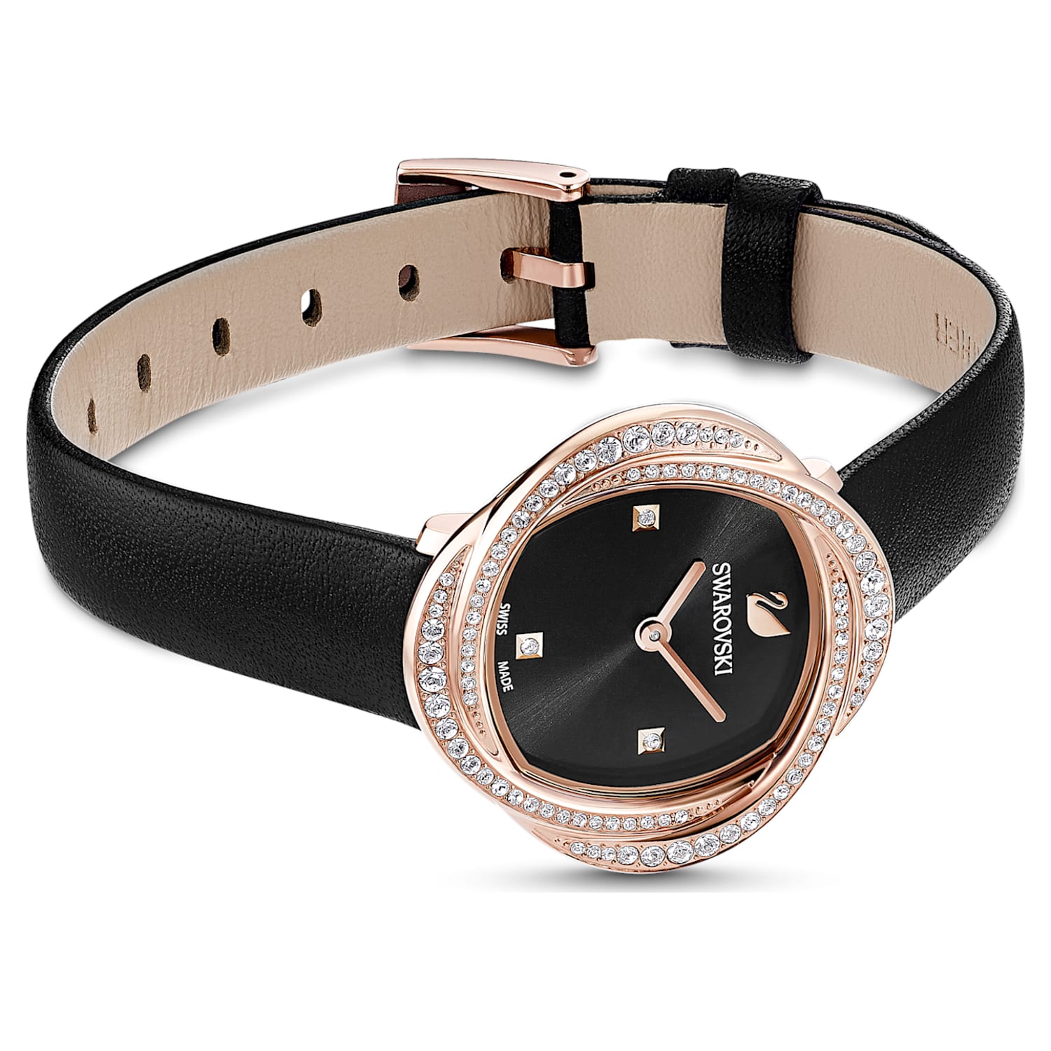 Swarovski Crystal Flower Black Dial Black Leather Strap Watch for Women - 5552421