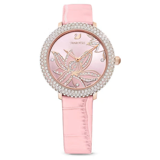 Swarovski Crystal Quartz Pink Dial Pink Leather Strap Watch for Women - 5575217