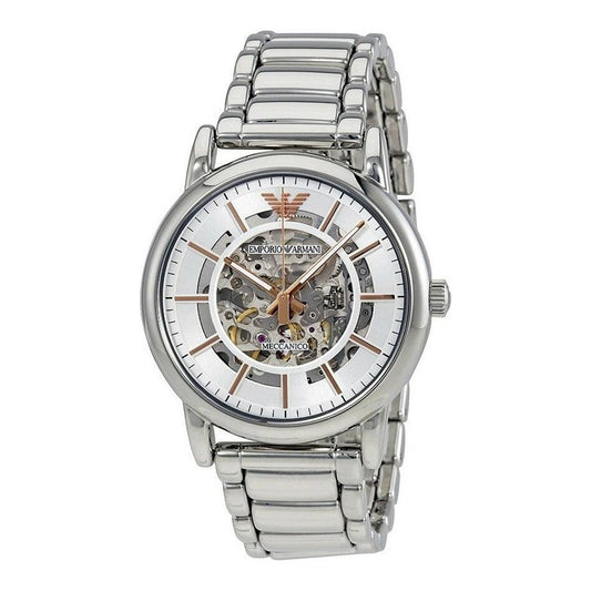 Emporio Armani Meccanico Silver Skeleton Dial Stainless Steel Watch For Men - AR1980