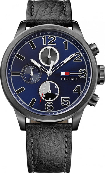 Tommy Hilfiger Jackson Quartz Blue Dial Black Leather Strap Watch for Men - 1791241