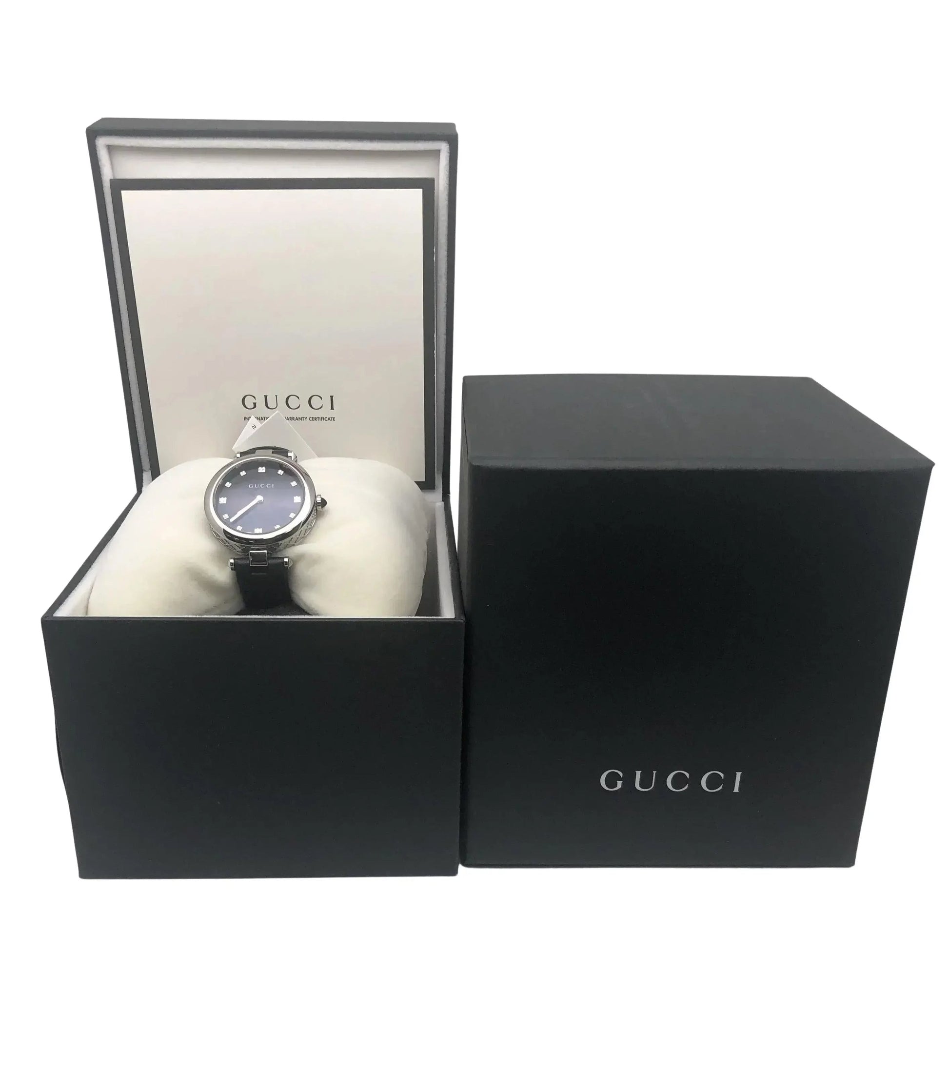 Gucci Diamantissima Diamonds Black Dial Black Leather Strap Watch For Women - YA141403