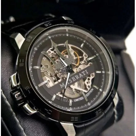 Maserati Automatic Skeleton Black Dial Black Leather Strap Watch For Men - R8821119007