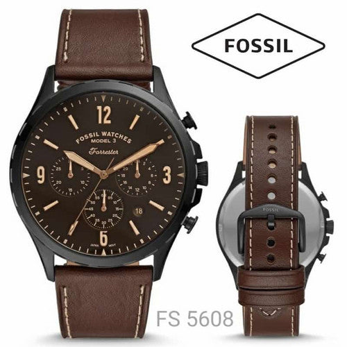 Fossil Forrester Chronograph Black Dial Brown Leather Strap Watch for Men - FS5608