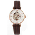 Emporio Armani Meccanico Mother of Pearl Skeleton Dial Brown Leather Strap Watch For Women - AR1993