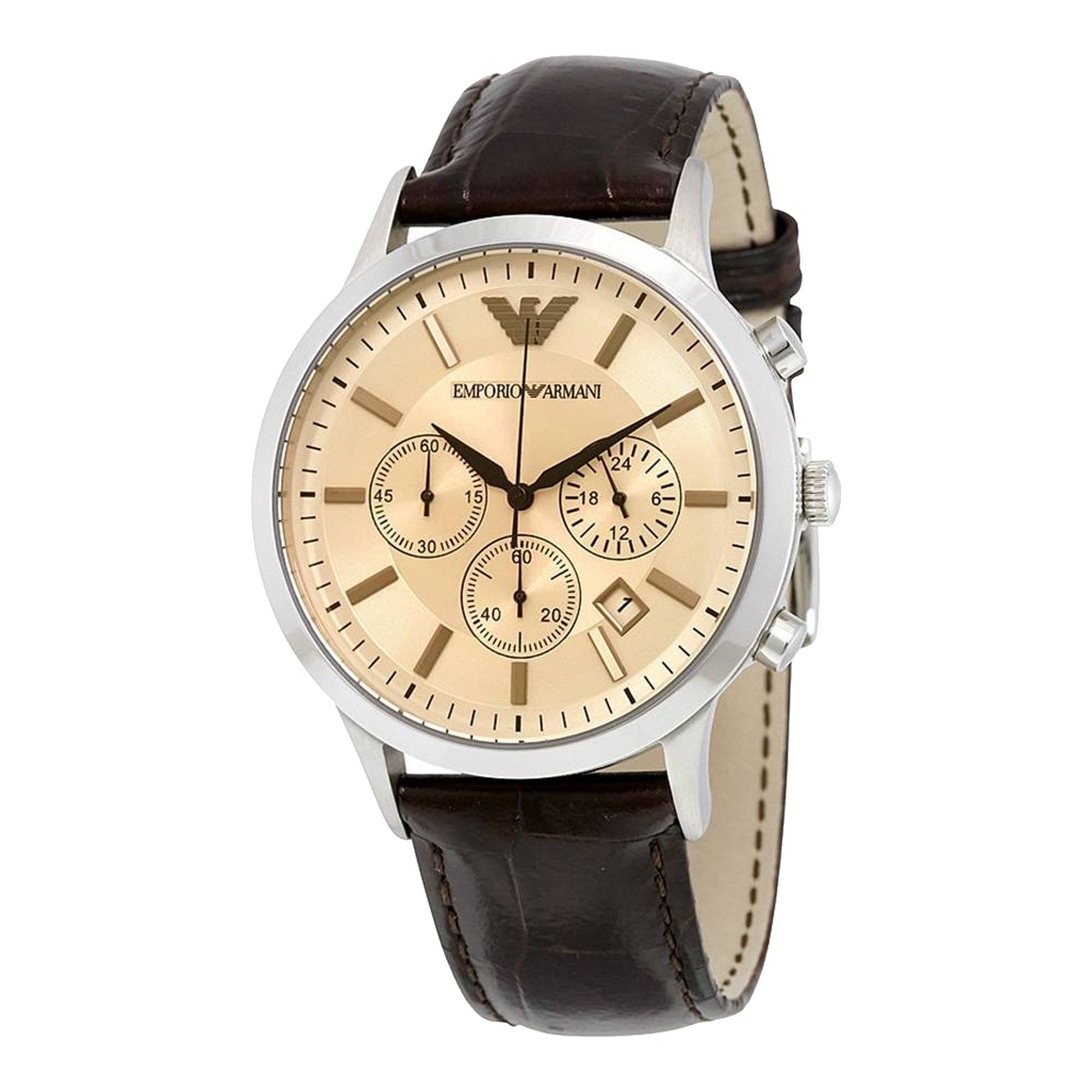 Emporio Armani Classic Chronograph Beige Dial Brown Leather Strap Watch For Men - AR2433