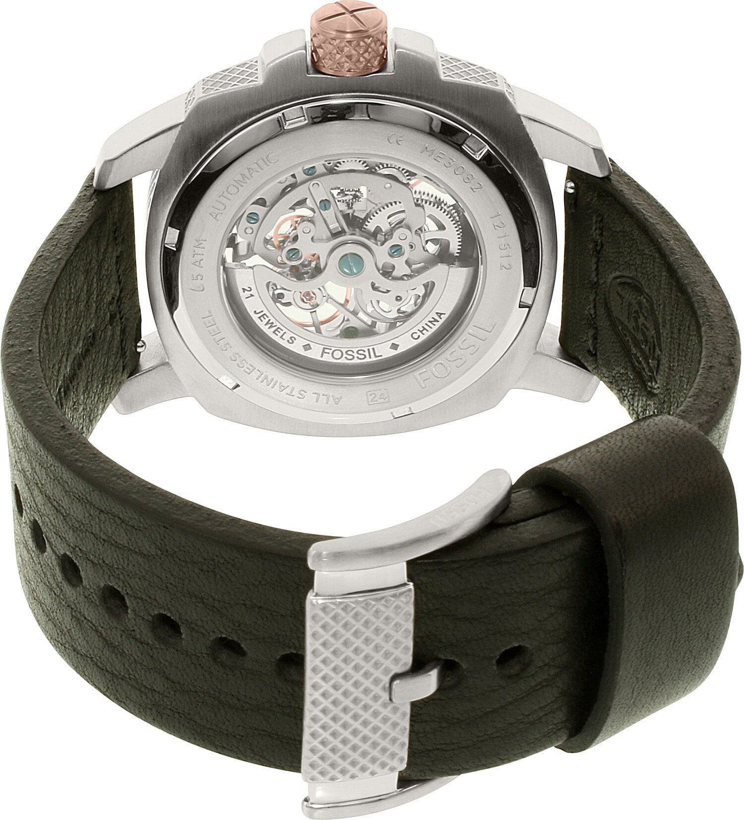 Fossil Modern Machine Automatic Skeleton Silver Dial Black Leather Strap Watch for Men - ME3082