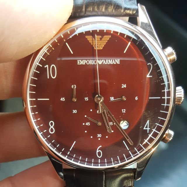 Emporio Armani Classic Chronograph Red Dial Brown Leather Strap Watch For Men - AR1890