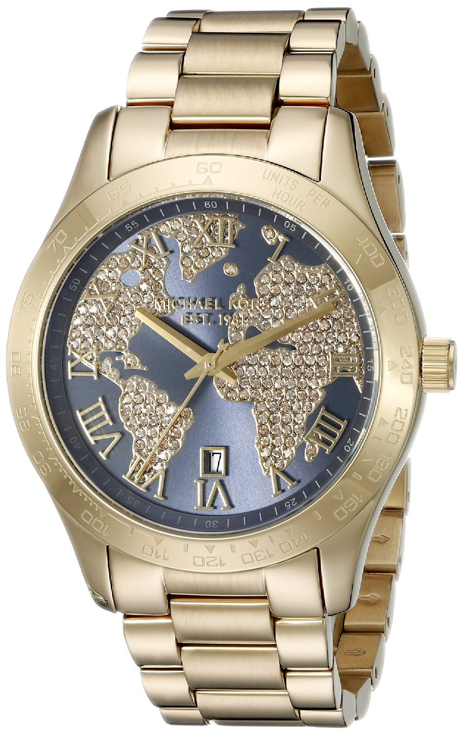 Michael Kors Layton Pave Blue Dial Gold Steel Strap Watch for Women - MK6243