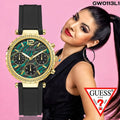 Guess Solstice Green Dial Black Rubber Strap Watch for Women - GW0113L1